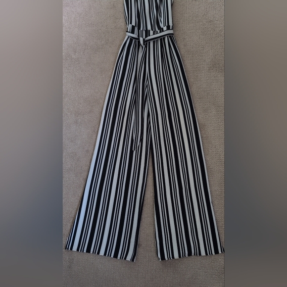 Monteau Black & Cream Pinstriped Spaghetti Strap Belted Split Wide Leg Jumpsuit - Picture 2 of 11